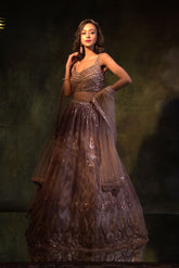 Grey Net Embroidery Leather Floral Folige Sequin Work Lehenga